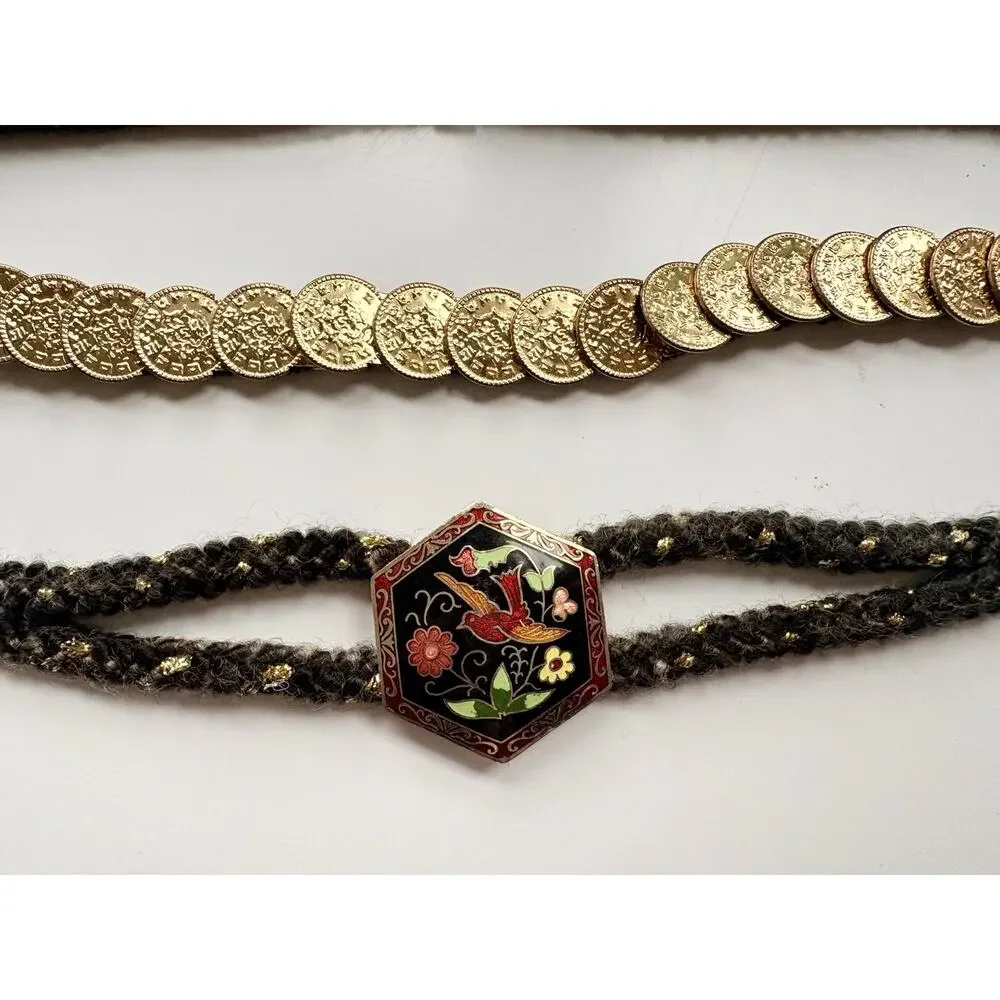 Vintage Cloisonne Belt Hummingbird Floral Black Gold + Stretch Coin Belt 80's